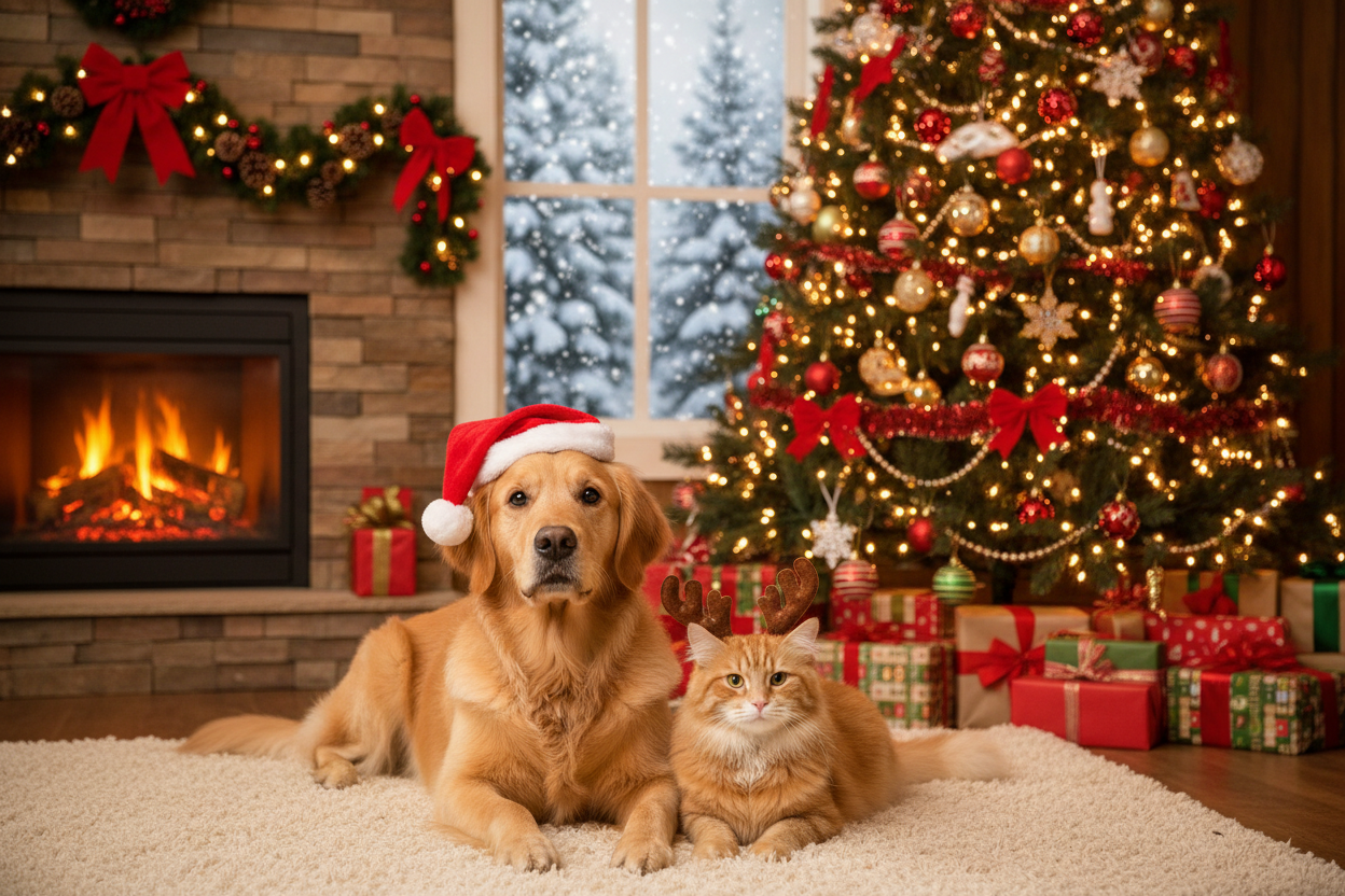 wygeneruj obraz psa i kota jakiś słodki i w światecznym klimacie